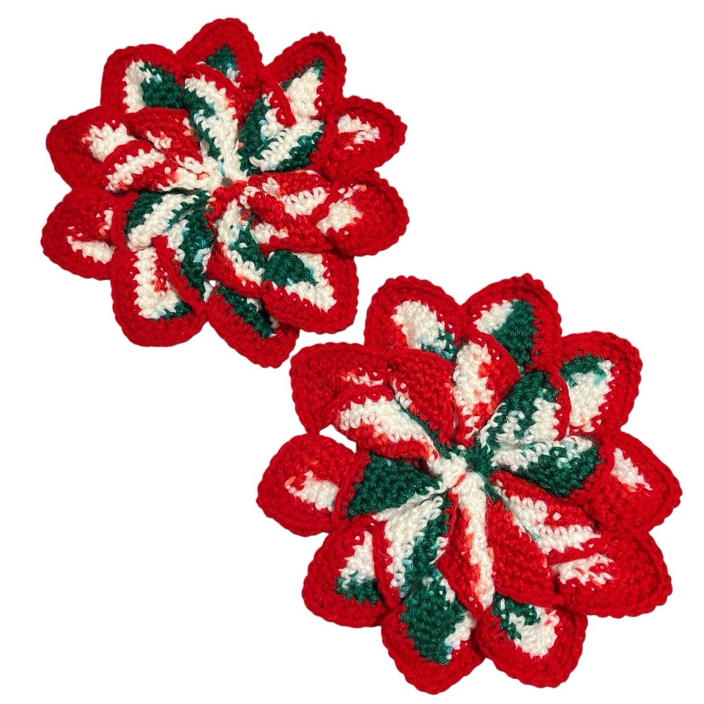 Vintage Handmade Crochet Star Pinwheel Trivet Hot Pad Christmas Colors Lot of 2